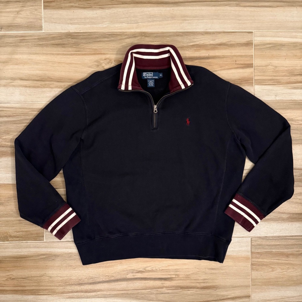 Polo Ralph Lauren Quarter Zip Sweatshirt Mens XL Navy Blue Burgundy Stripe Trim